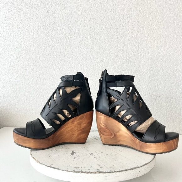 Lane Boots BECCA Womens Black Wedges 5.5 Western Sandals Cowgirl Leather Heels - Picture 7 of 11